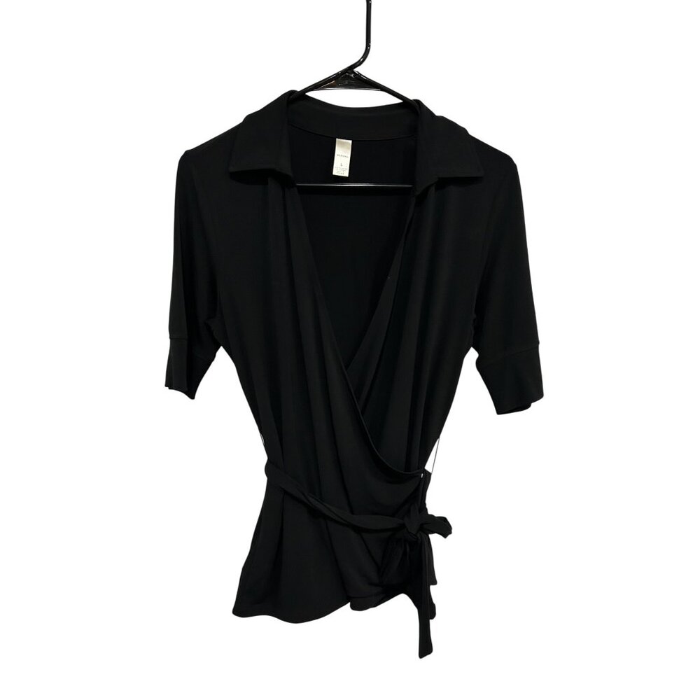 Merona Womens Top Black Wrap Style Tie Waist Collared Short Sleeve Stretch Size